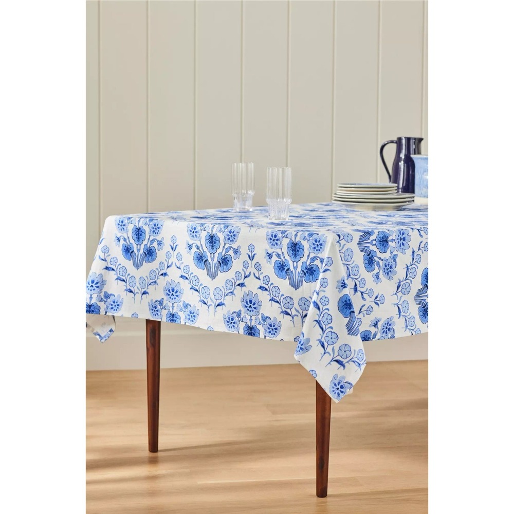 Anthropolgie Tessa Tablecloth 60x90 Blue Floral Cotton Country